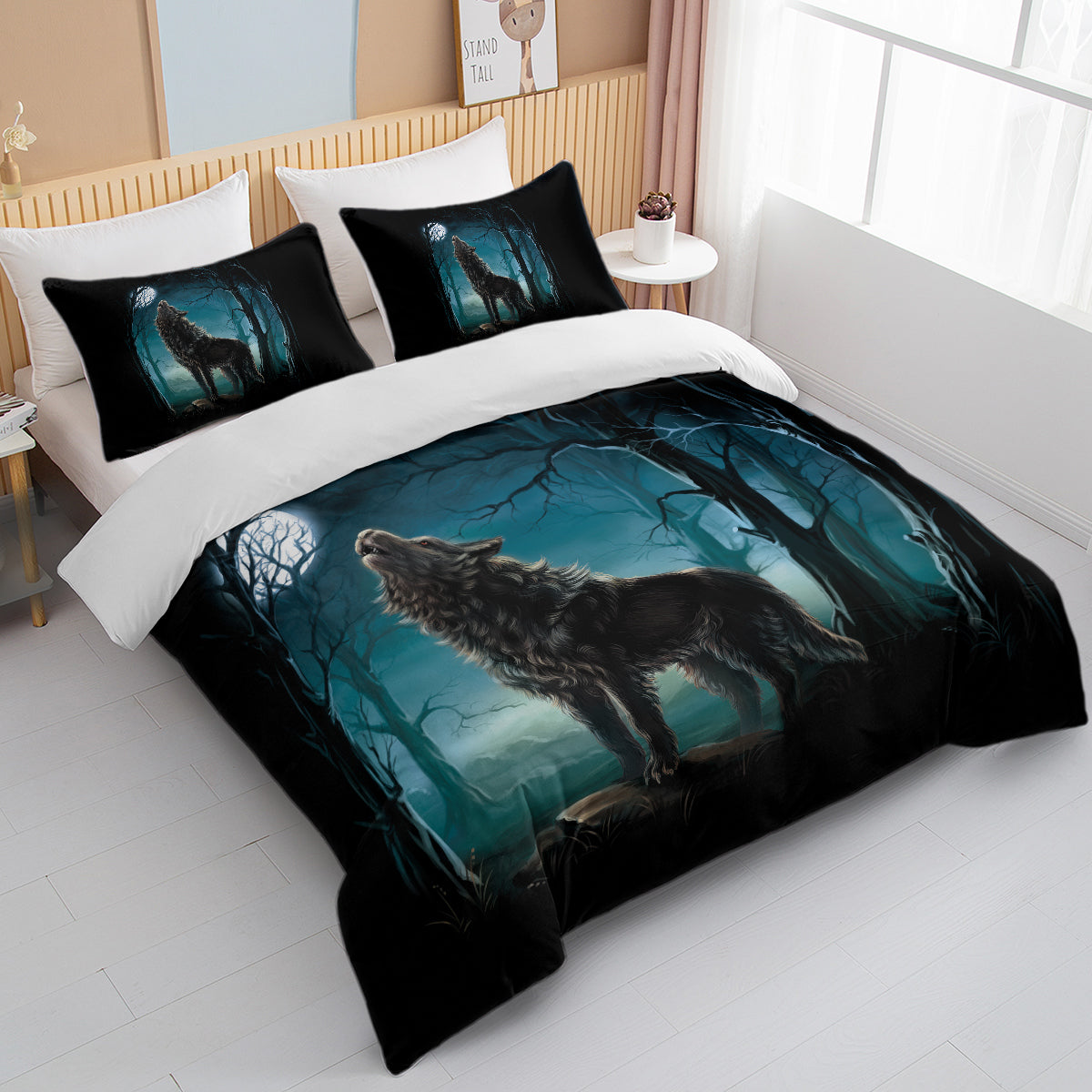 Moon Wolf Duvet Cover Set - Watercolor Forest Design, 3 Pieces