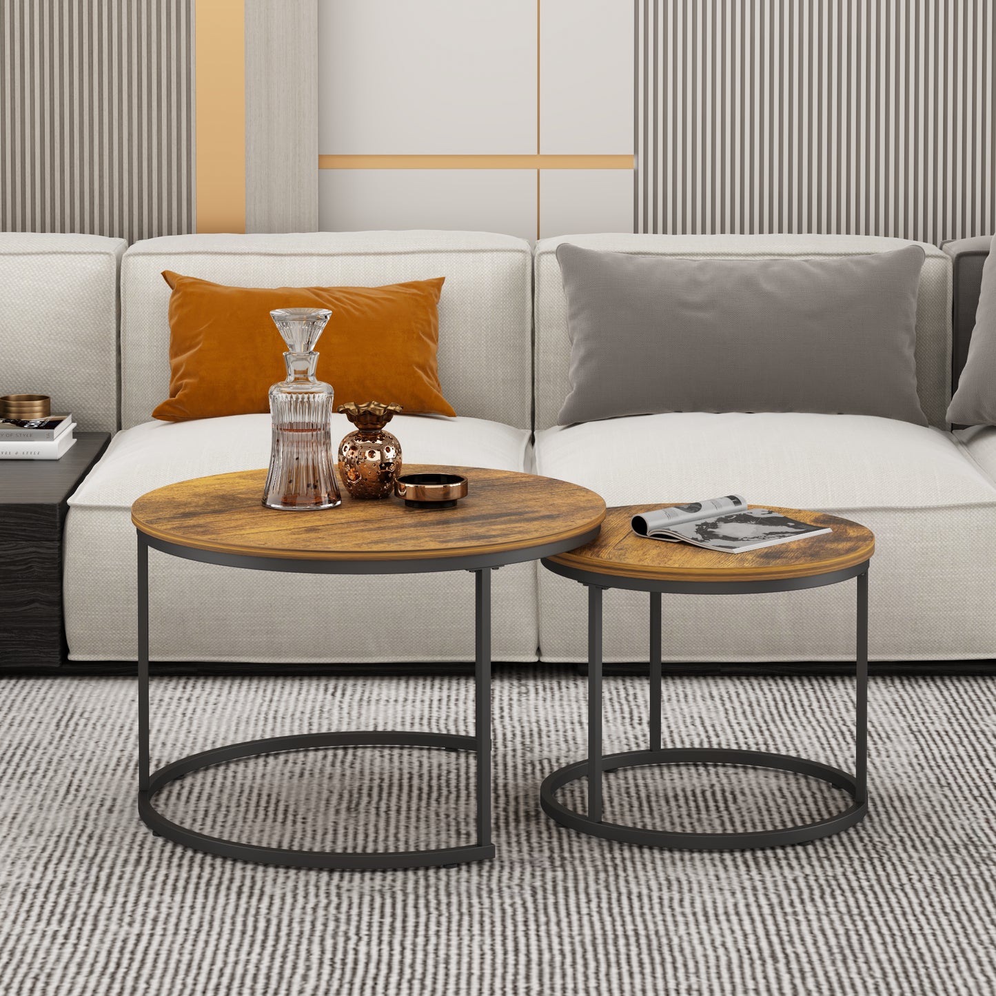 Nesting Coffee Table Set of 2 - Round Wood & Metal, Rustic Brown