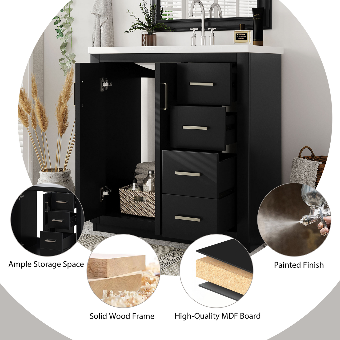 30 Bathroom Vanity With Ceramic Sink Combo, Solid Wood Frame Storage