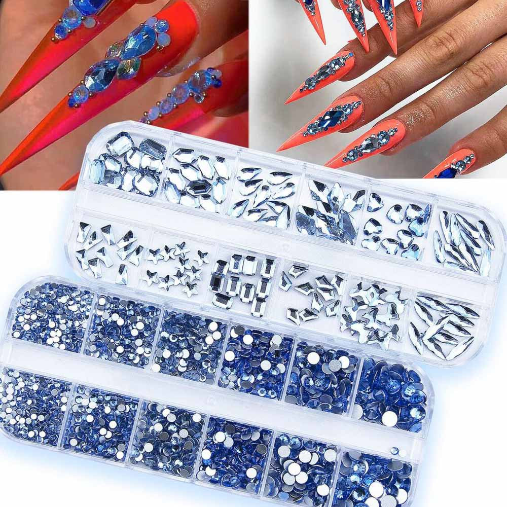 12-Grid Crystal Nail Art Decoration Set - Water Drop & Heart Shapes