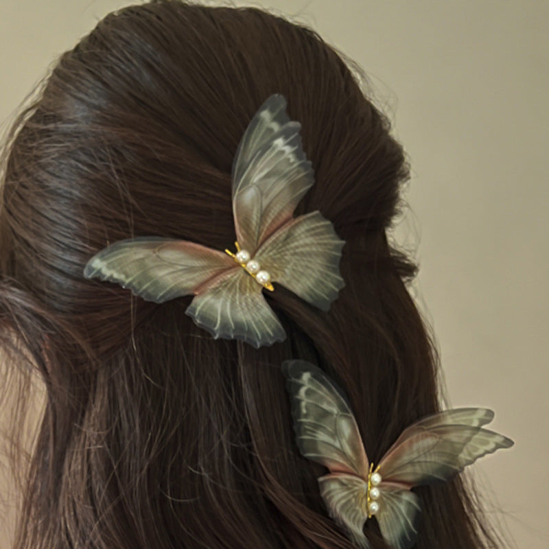 Mesh Pearl Butterfly Barrettes Duckbill Clip - Green (2pc)