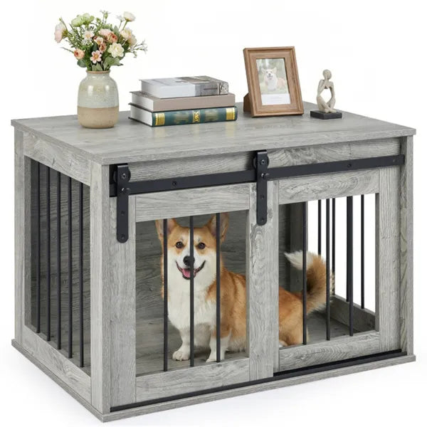 Dog Crate Furniture with Sliding Barn Door - 31.5-Inch Wooden Indoor Kennel & End Table - Gray