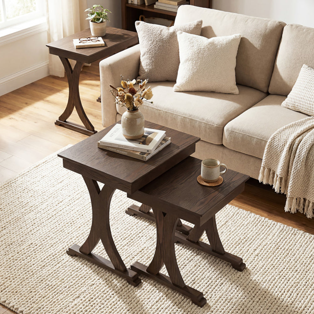3 Pieces Nesting Coffee Table Side With Solid Rubber Wood Legs For