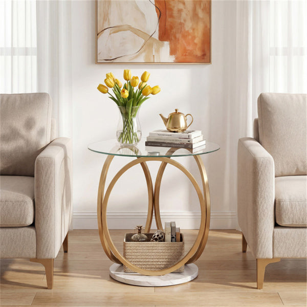Modern 2-Tier Side Table With Tempered Glass Top & Faux Marble Base,