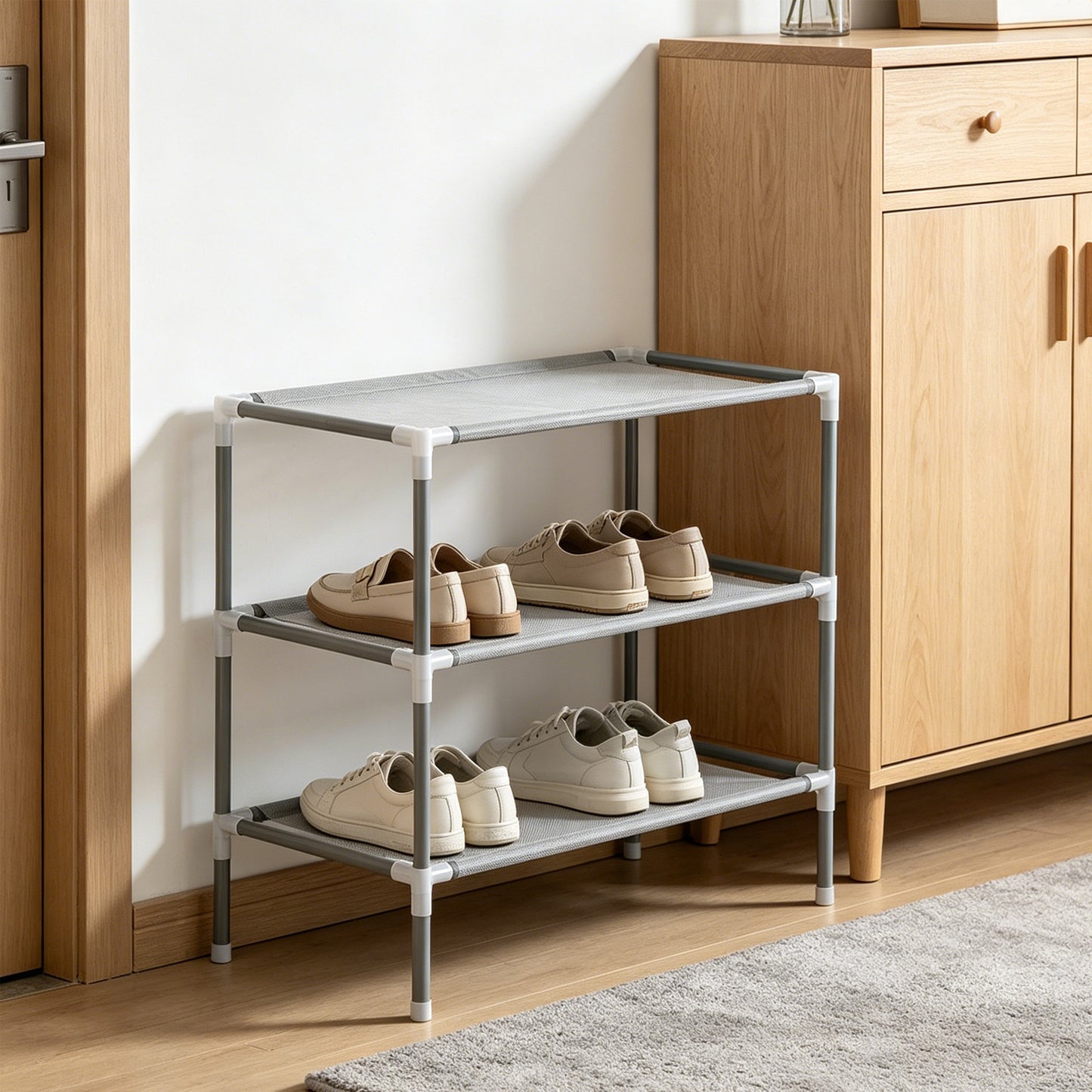 3-Tier Stackable Shoe Rack - Non-Woven Fabric & Steel - Gray