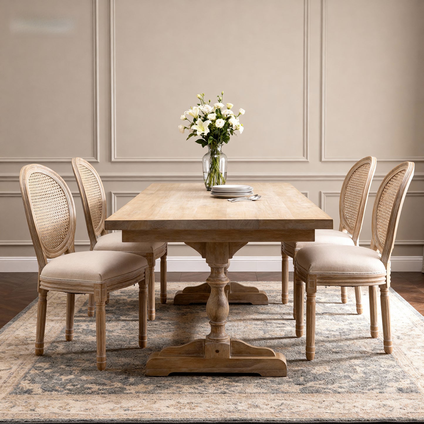 French Country Dining Chairs - Set of 2 Beige Wooden Frame