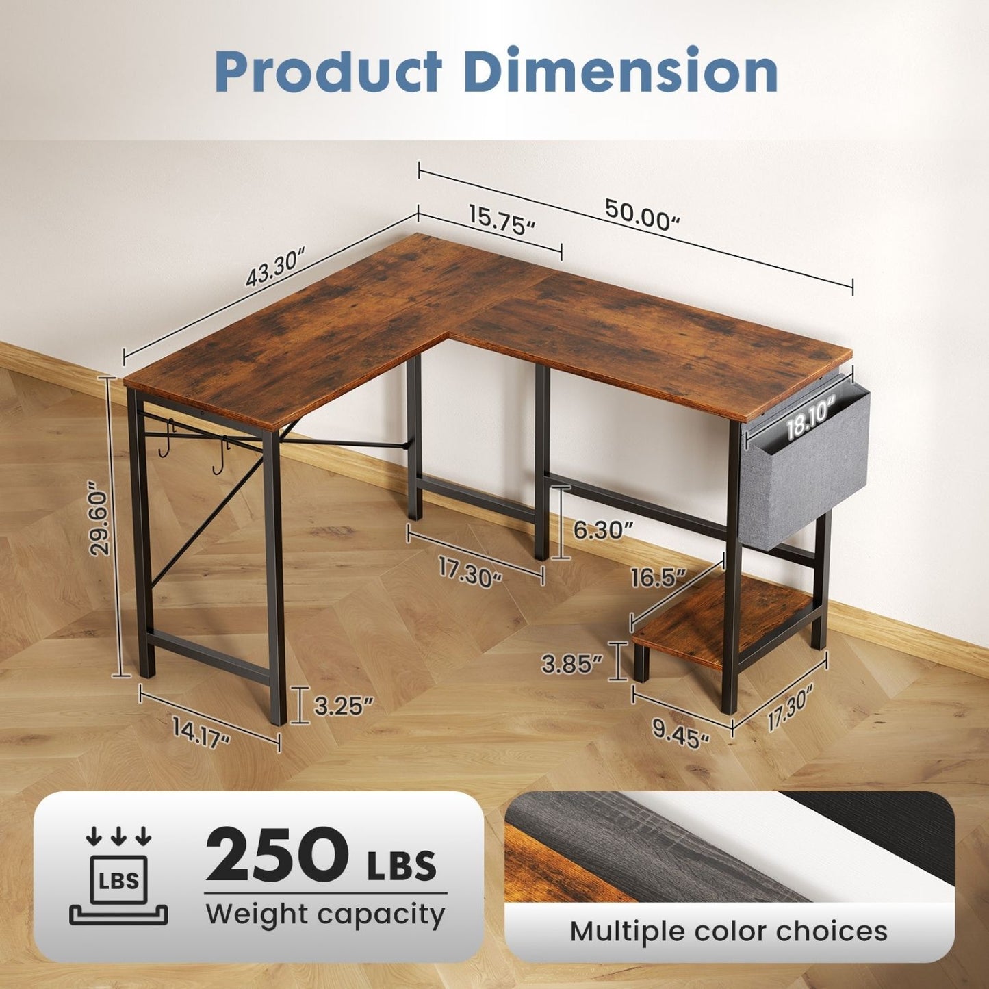 L-Shaped Computer Desk with Storage Bag & CPU Holder - 49IN