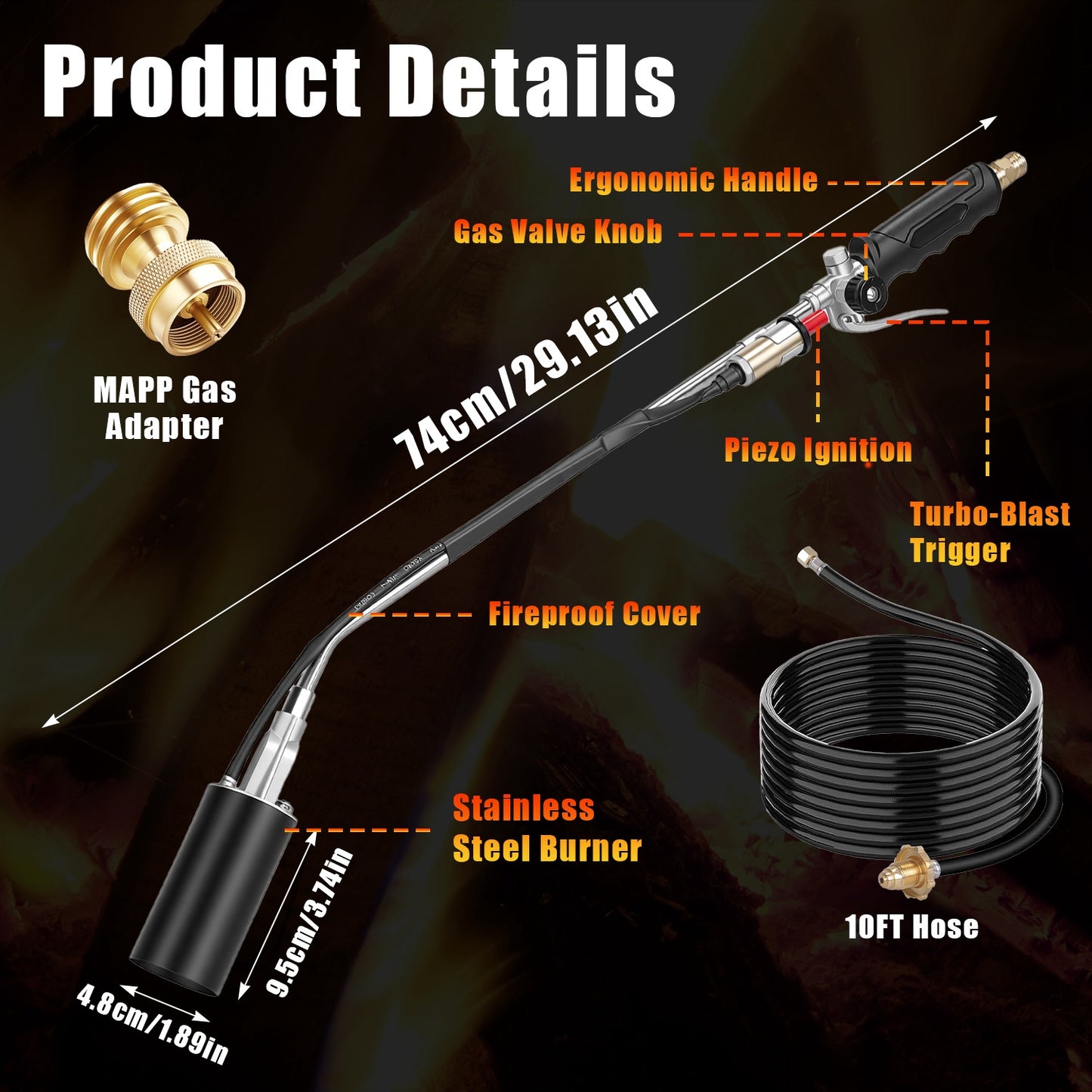 180,000 BTU Propane Weed Torch with 10ft Hose, Adjustable Flame, Fire Starter