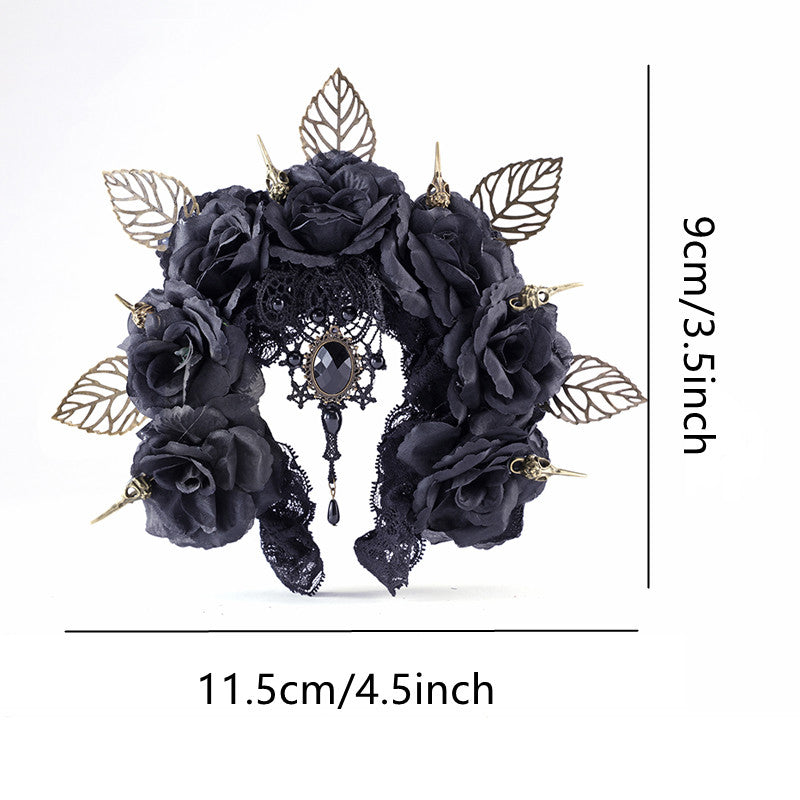 Dark Bird Bone Hair Hoop Crown - Retro Halloween Rose Design