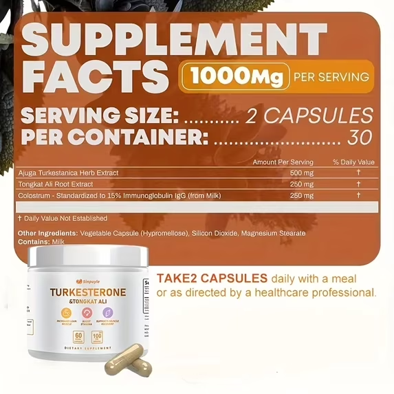 Turkesterone & Tongkat Ali Supplement - 60 Vegan Capsules for Muscle Growth