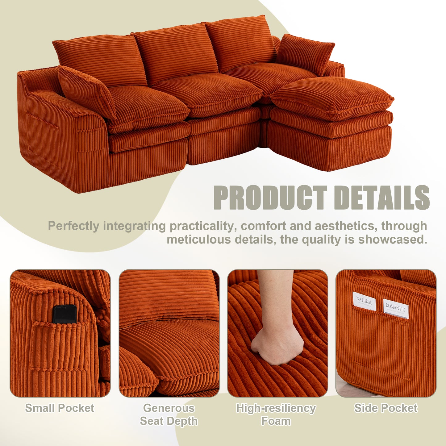 L-Shaped Modular Sectional Sofa - Modern Corduroy with Footstool - Orange