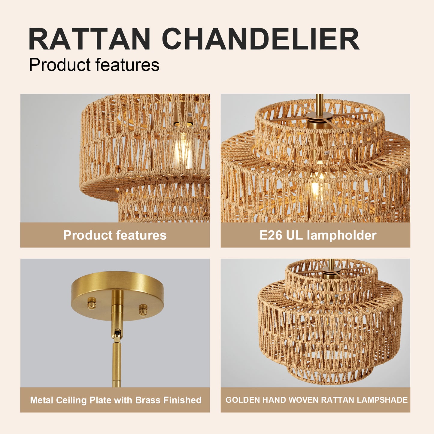 12.6in Boho Rattan Pendant Light Fixture - Farmhouse Rustic Hanging Lamp for Kitchen & Living Room