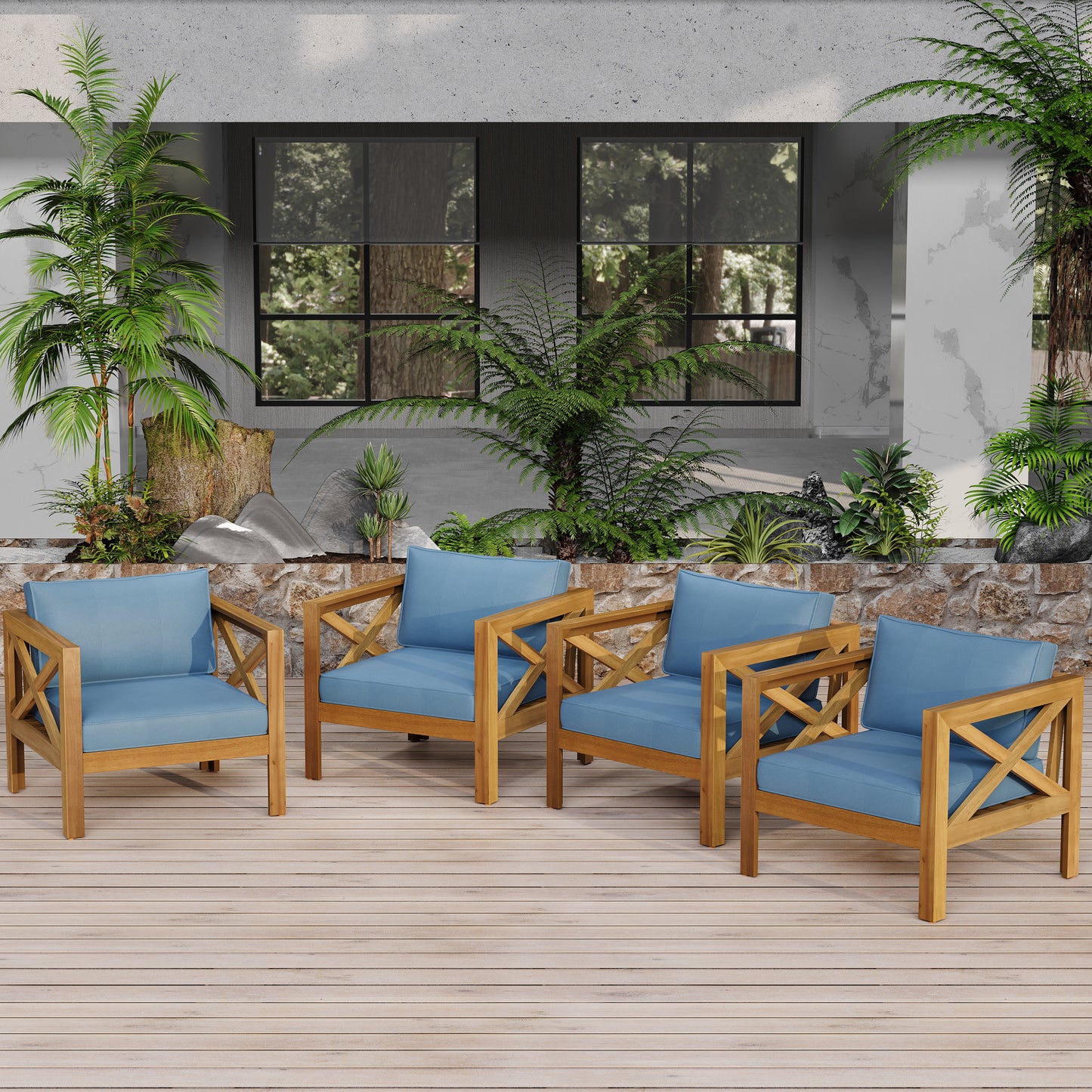 Outdoor Acacia Wood Club Wooden Armchair With Cushions Set Of 4 ,