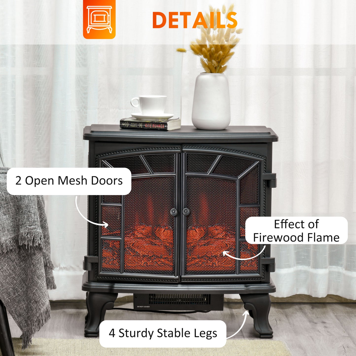 27-Inch Electric Fireplace Heater with Remote & Adjustable Brightness