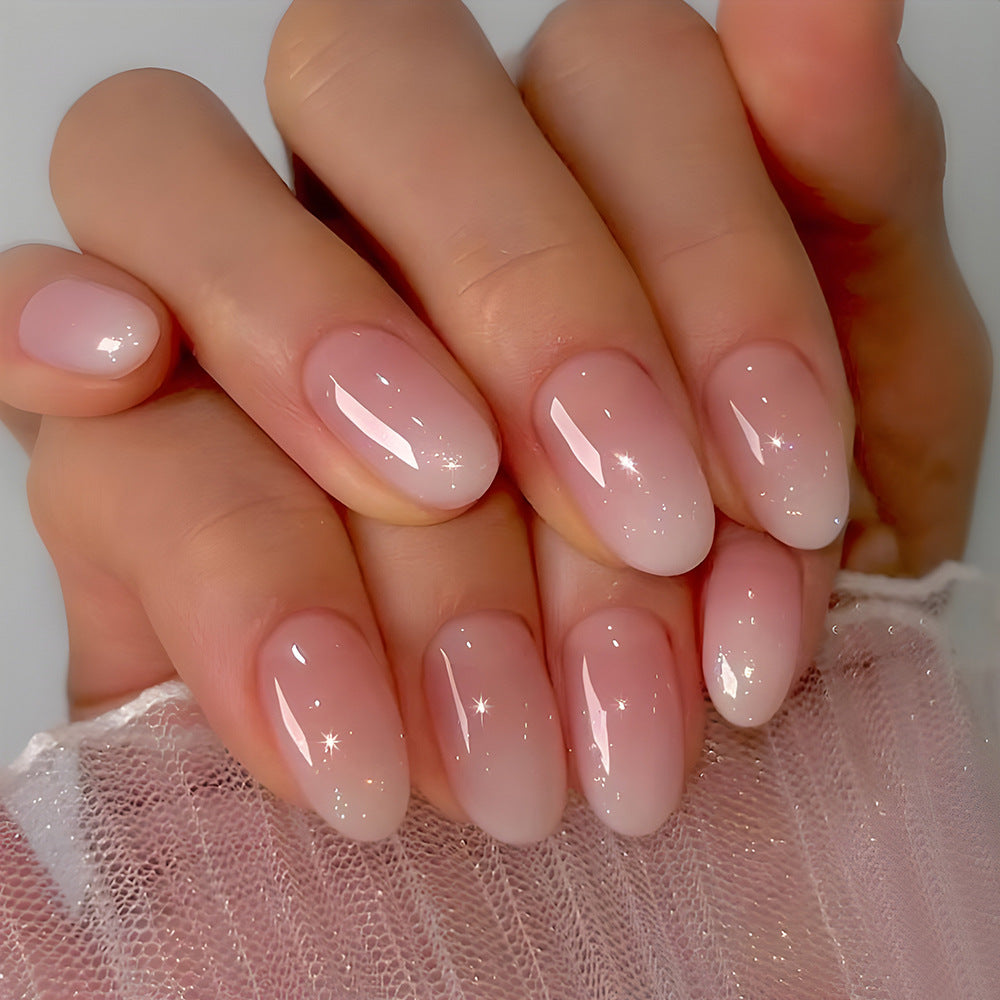 24-Piece Short Oval Press-On Nails Set - Soft Pink White Ombre, Long-Lasting Fake Nail Art Kit for Women & Girls