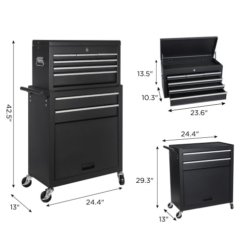 8-Drawer Rolling Tool Chest with Detachable Top Box, Lockable Wheels, Side Hooks