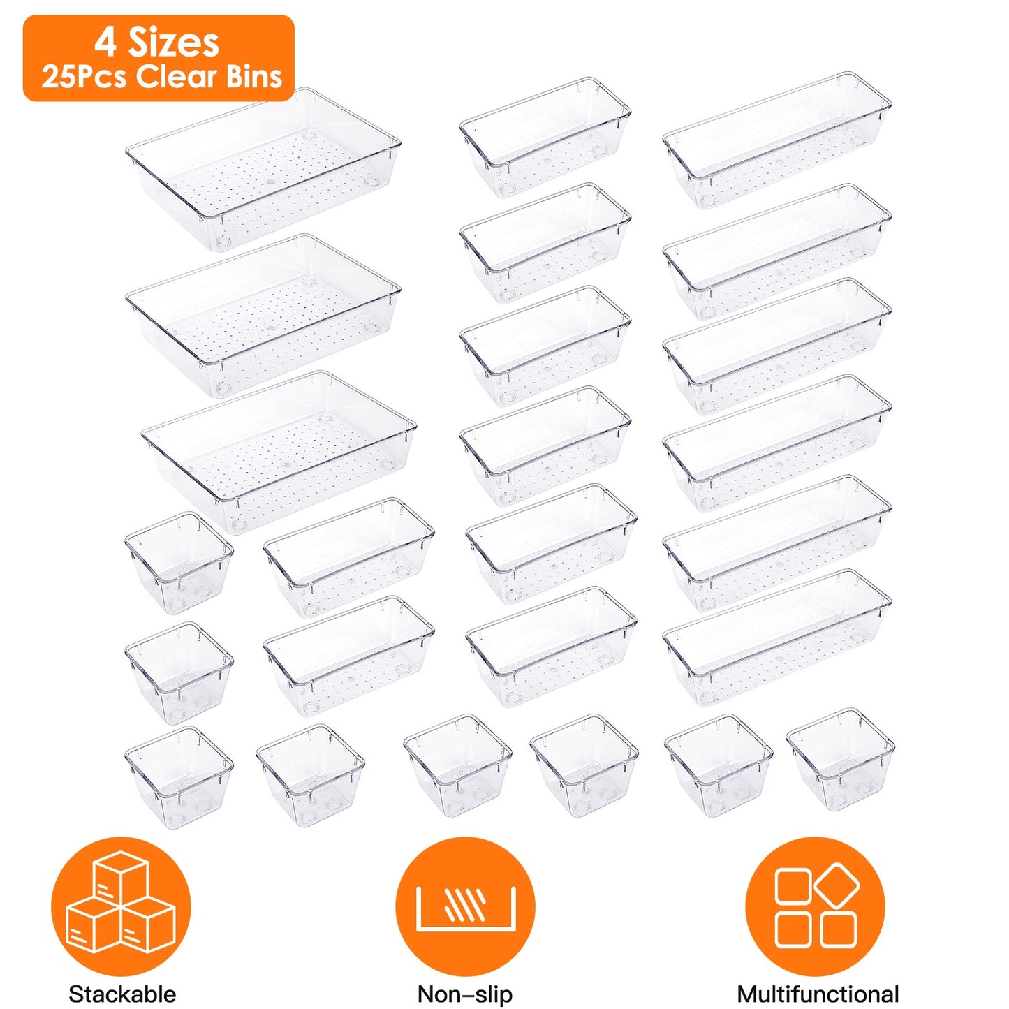 25Pcs Clear Plastic Drawer Organizers Set 4 Sizes Desk Dividers Trays