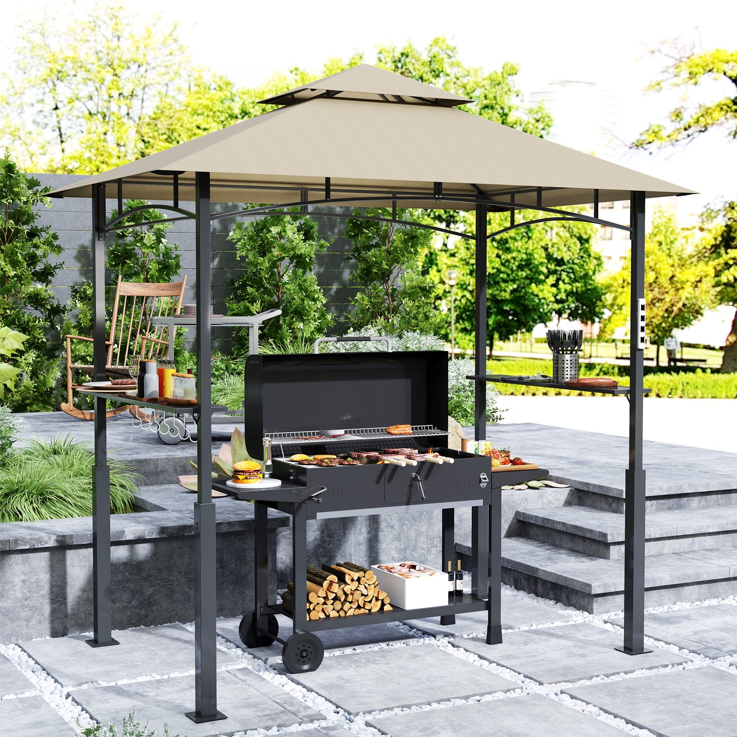 Grill Gazebo with LED Light & Side Shelves - Khaki