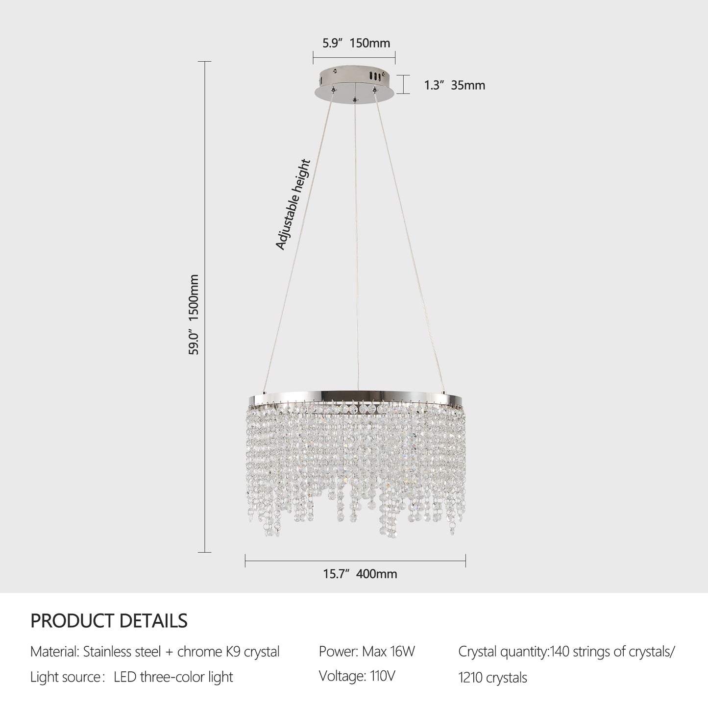 16-Inch Crystal LED Chandelier - Adjustable Height & Color Temperature