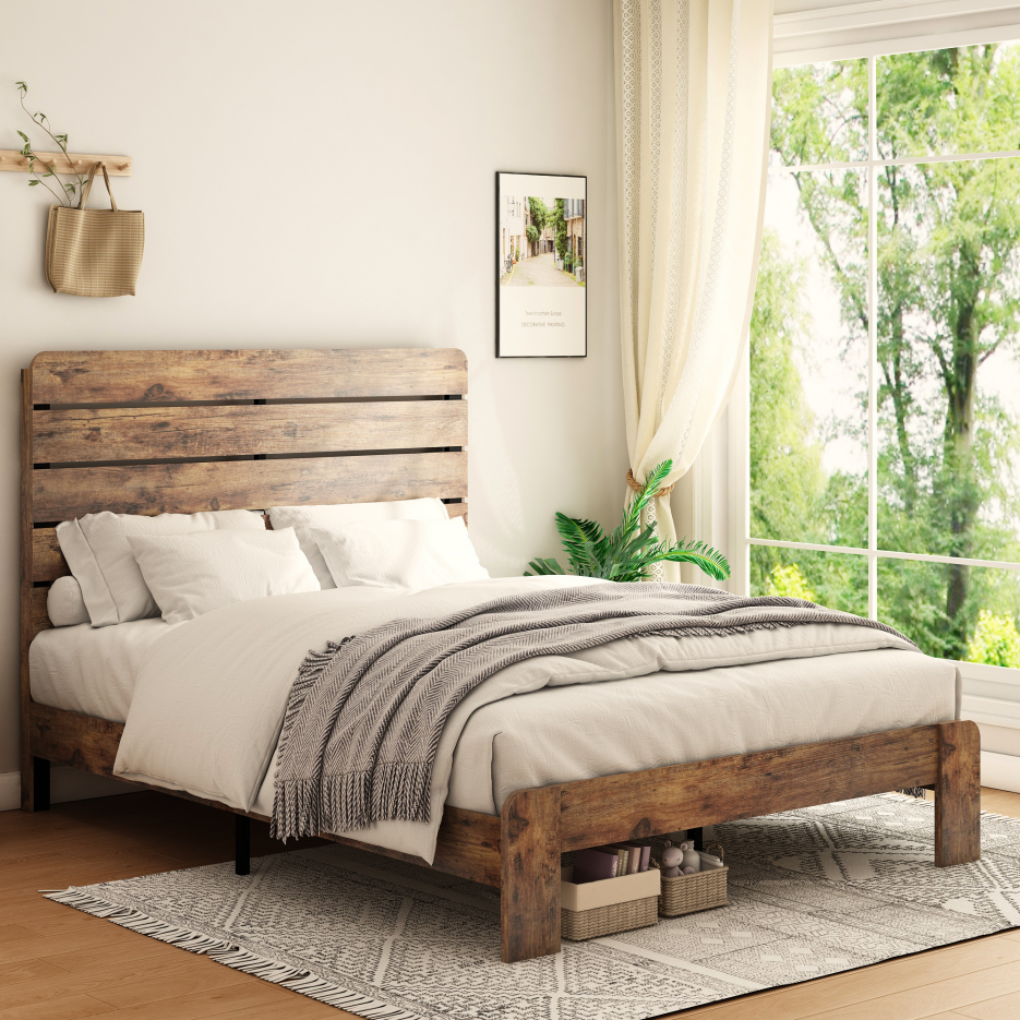 Queen Platform Bed Frame with Underbed Storage - Dark Brown