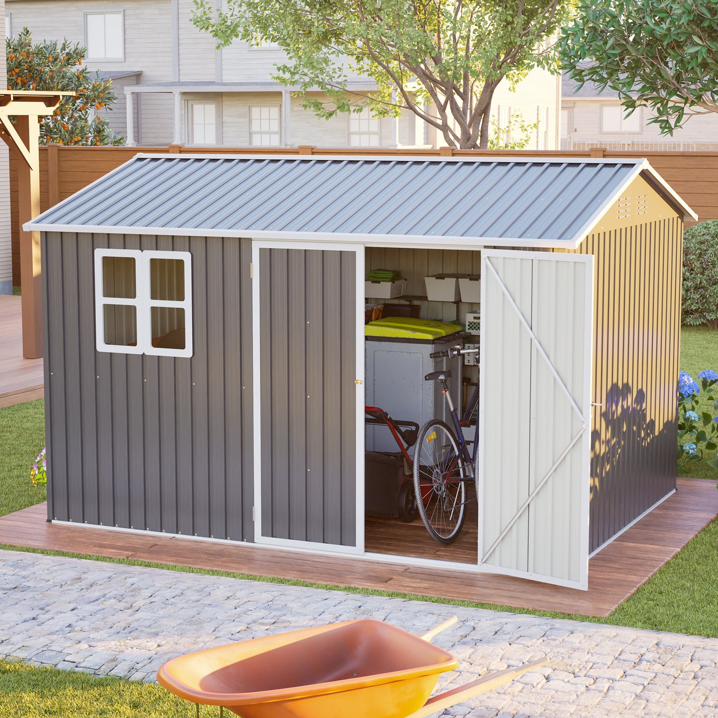 10'x8' Oversized Steel Storage Shed With Window, Lockable Doors &