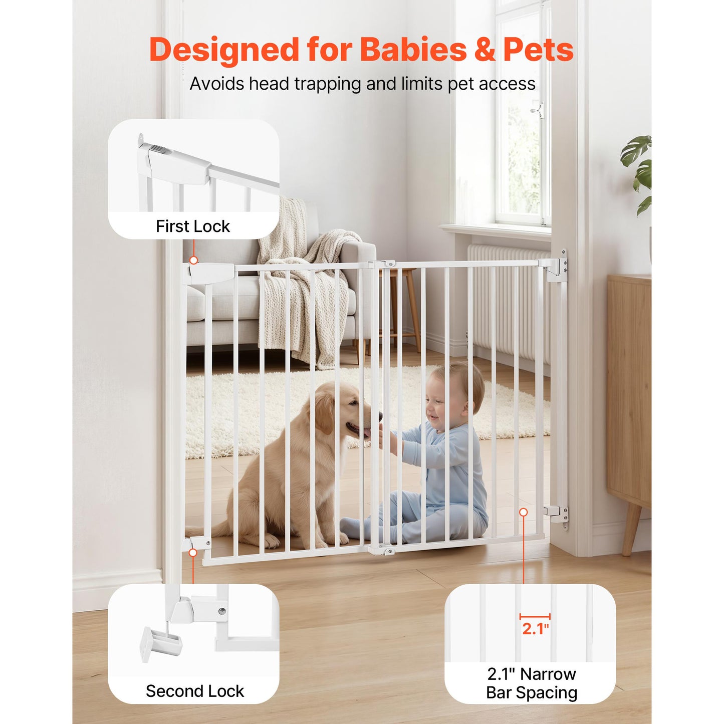 Adjustable Baby Gate for Stairs and Doorways, No Bottom Bar, One-Hand Operation, Easy Installation, White