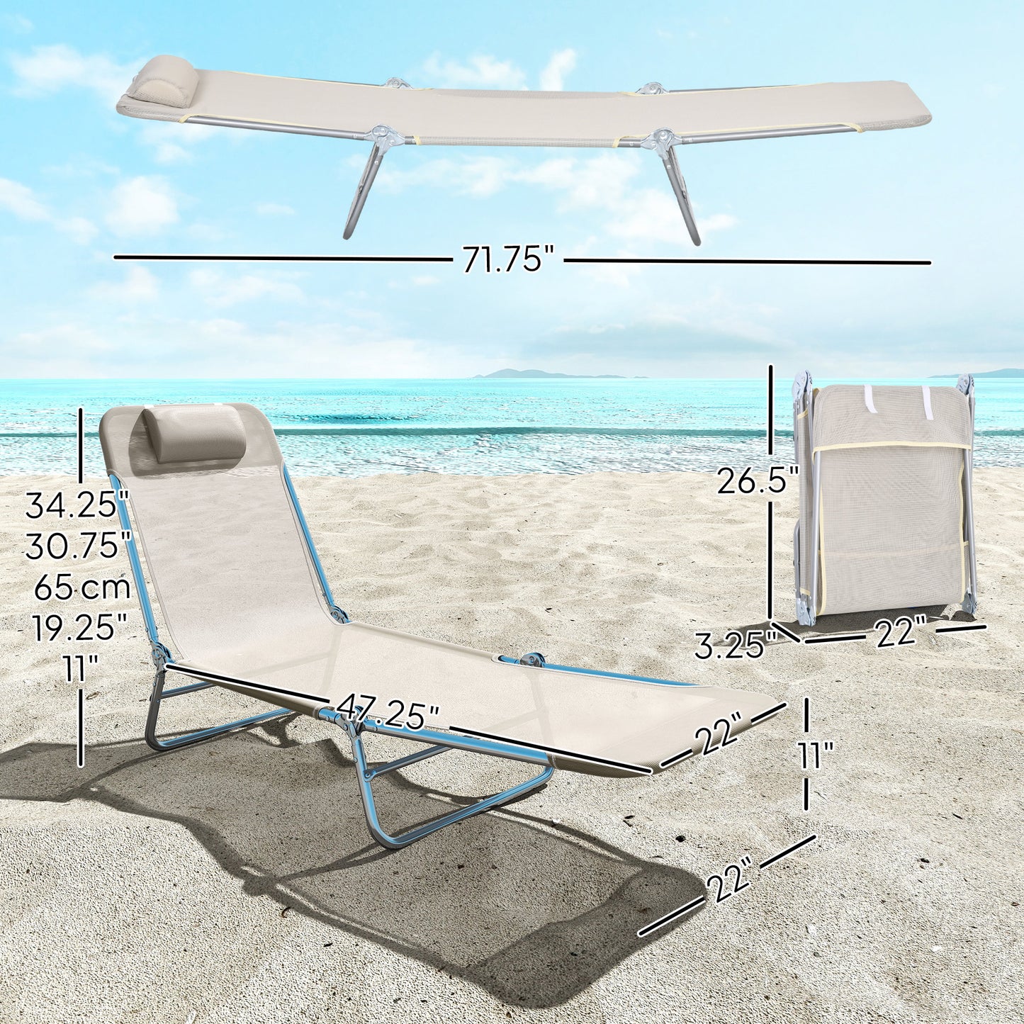 2 Piece Folding Chaise Lounge Chairs with Reclining Back - Cream White