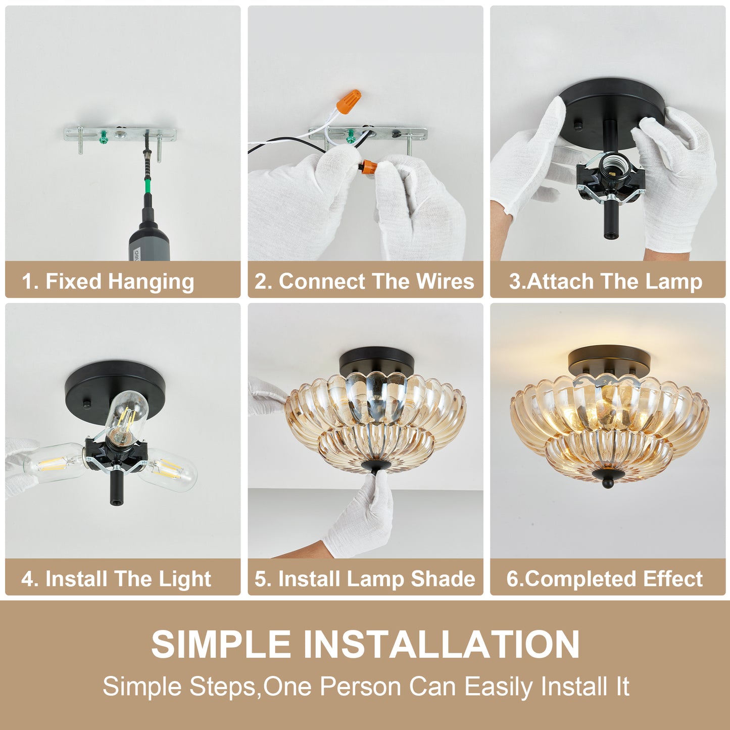 Amber Glass Ceiling Light Fixture for Living Room & Bedroom - 3 Bulb Modern Flush Mount