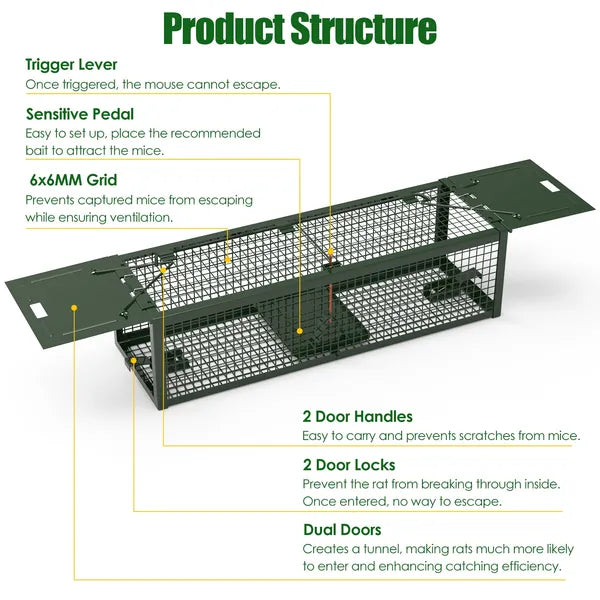 Humane Live Rat Trap - 2-Door Galvanized Iron Cage - Reusable