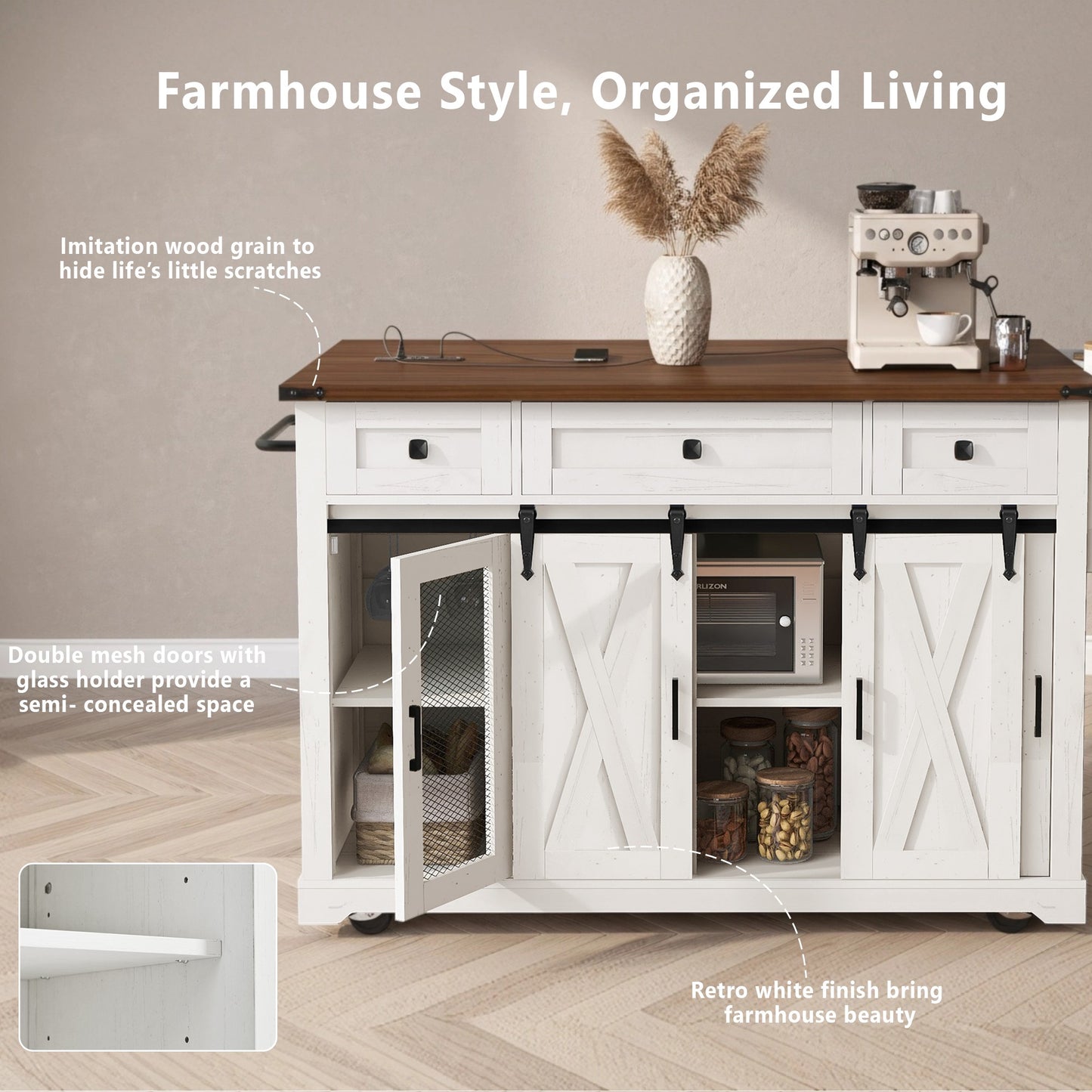 K&K 58 Farmhouse Kitchen Island With Storage,Sliding Barn Door &