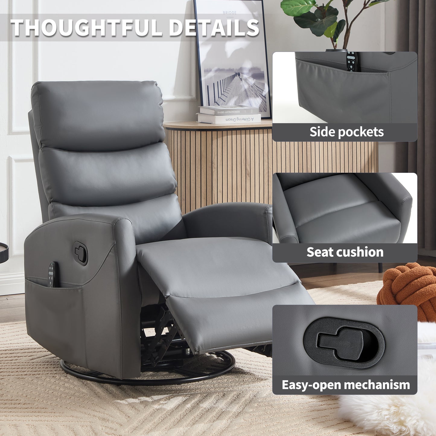 Heat Massage Recliner Chair with Rocker & Swivel - Grey