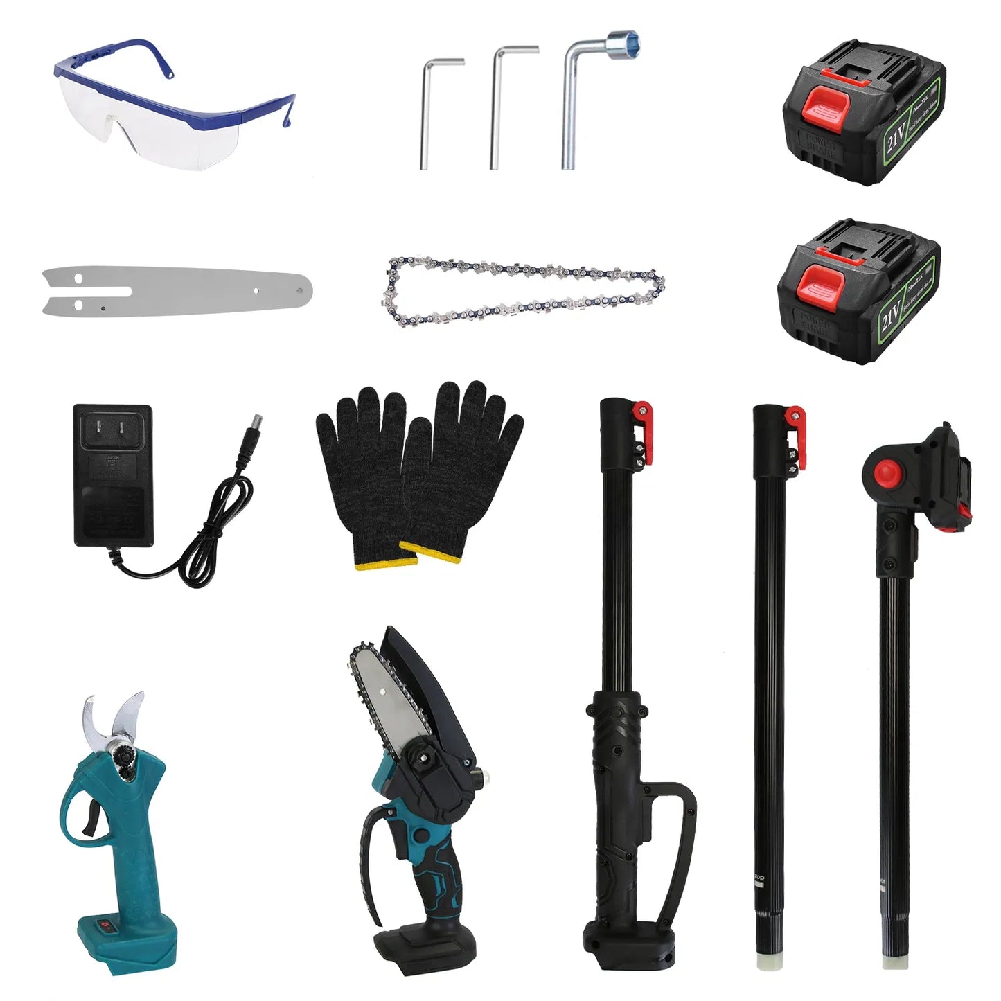 4 in 1 Cordless Pruning Shear & Chainsaw Set with Extension Poles - Brushless Motor, 2 Batteries