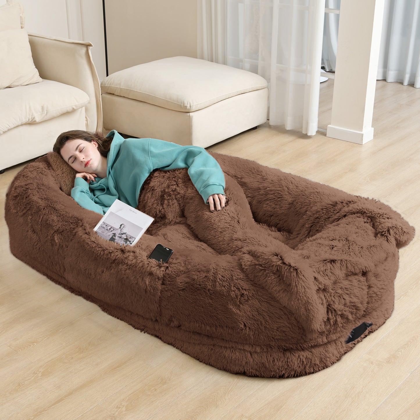 Oversized Human & Pet Dog Bed with Orthopedic Support - 71 x 45 Inch Faux Fur Lounger, Washable Cover, Pillow & Blanket Included