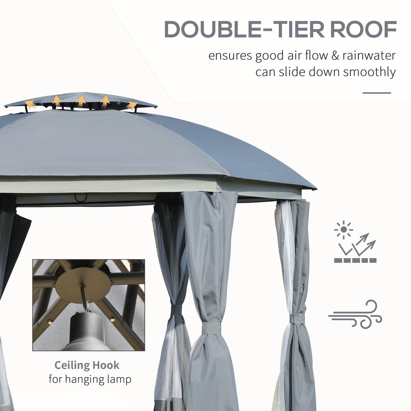 12-Foot Round Outdoor Gazebo Canopy with Double Roof & Curtains
