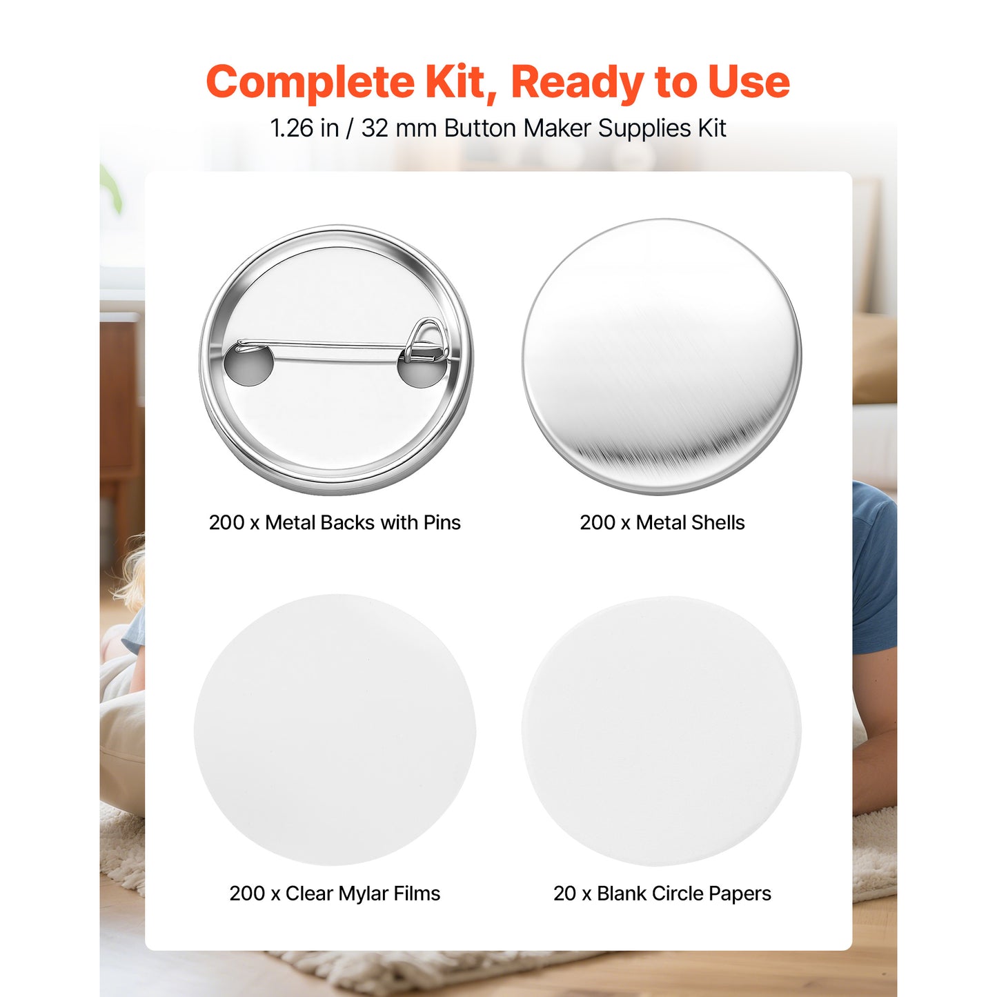 Button Maker Supplies 200 Sets DIY Pin Back Buttons with Metal Backs & Films
