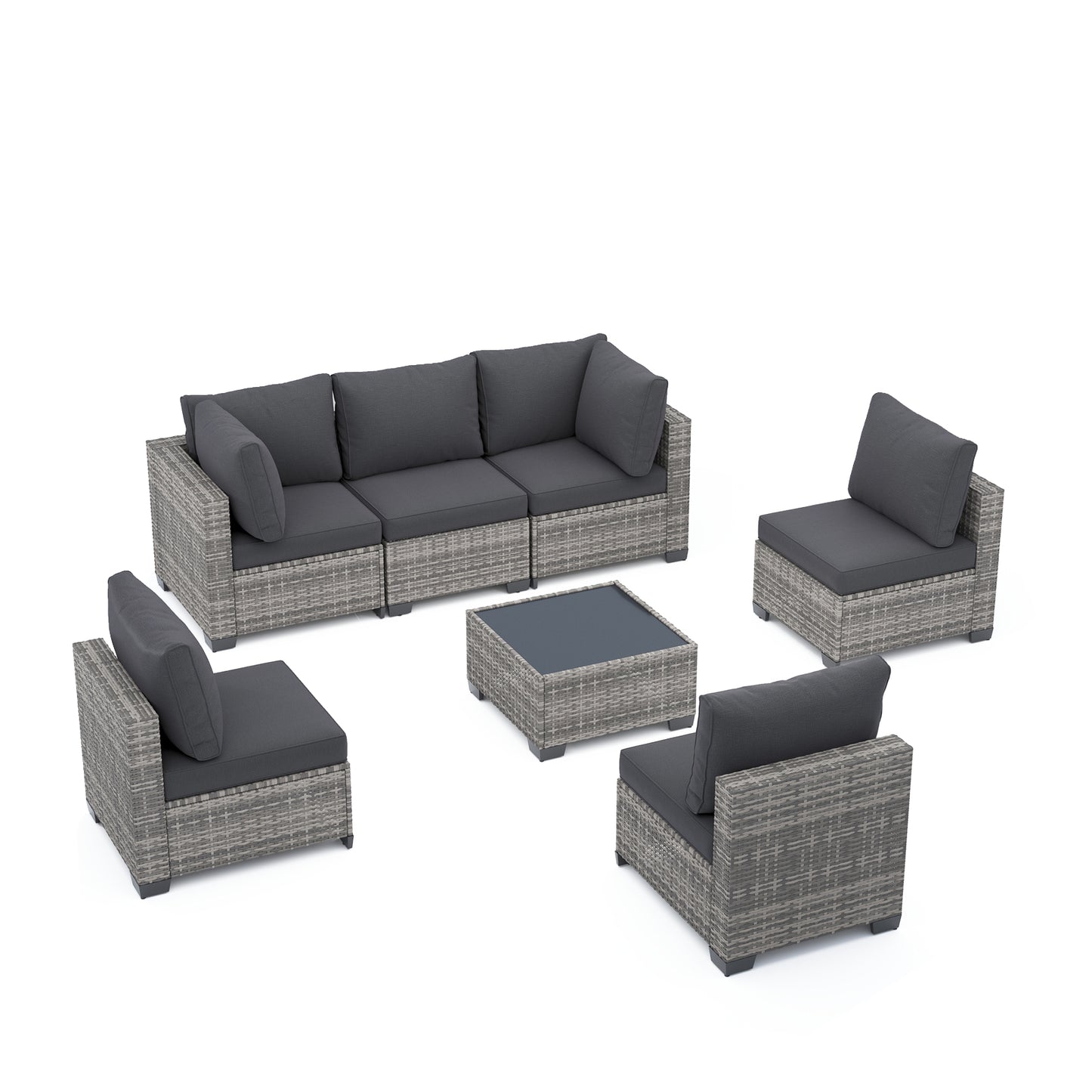 7-Piece Modular Outdoor Wicker Sectional Sofa Set with Cushions - Grey