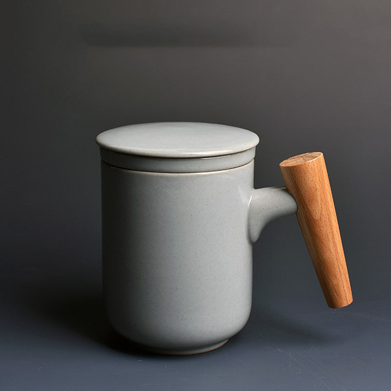 Ceramic Water Cup with Lid & Wooden Handle Large Capacity Drinkware