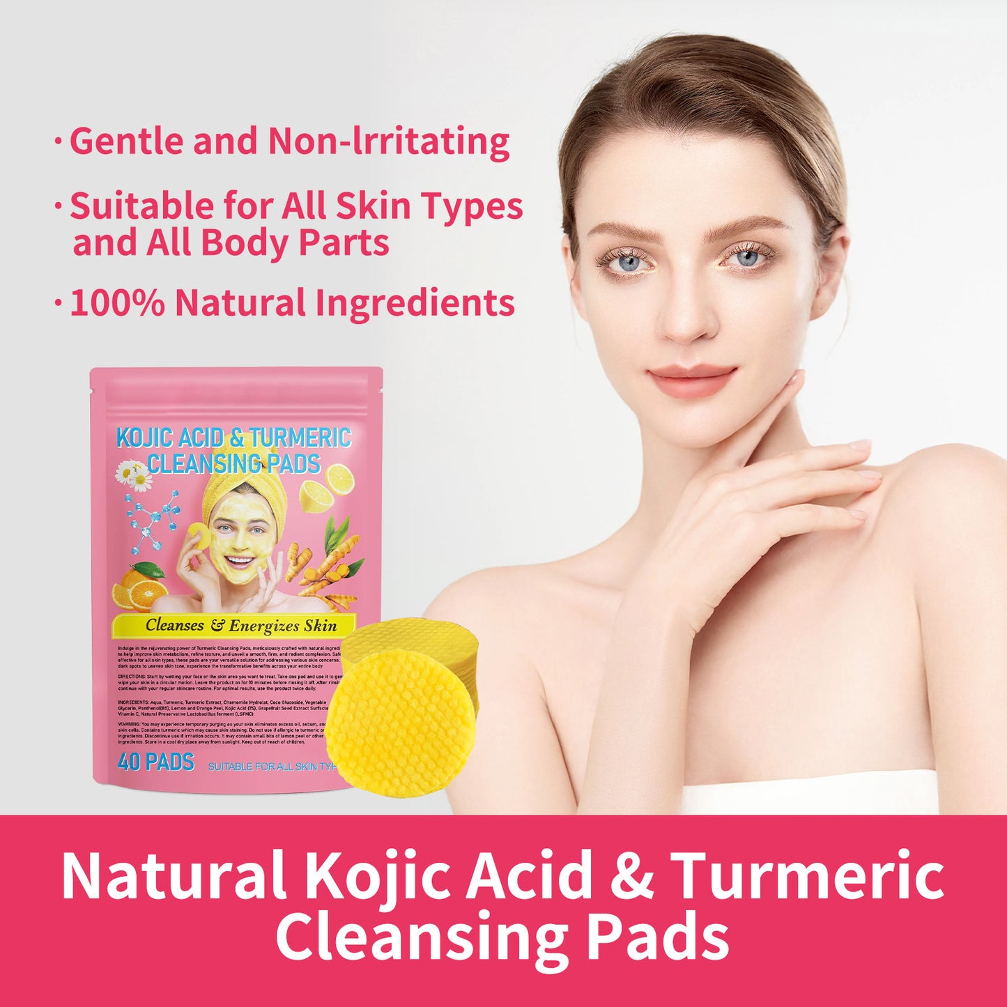 Gentle Skin Care Exfoliating Cleansing Pads - Turmeric & Kojic Acid, 40pcs
