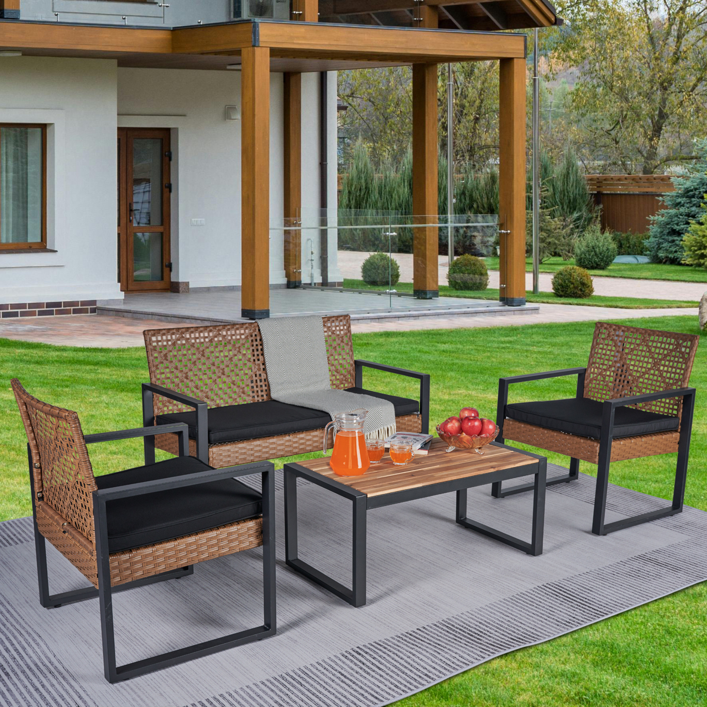 4-Piece Outdoor Patio Furniture Set - Light Brown Acacia Wood