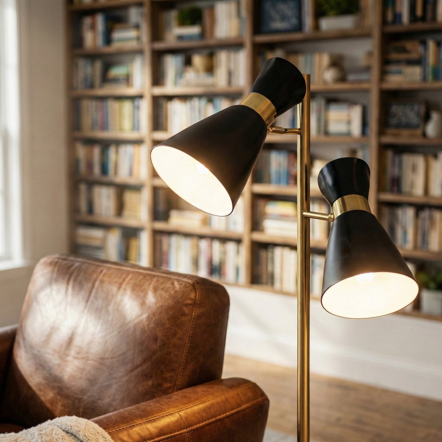 Axis Brassed Gold Floor Lamp With 4-Way Double Spots Metal Base
