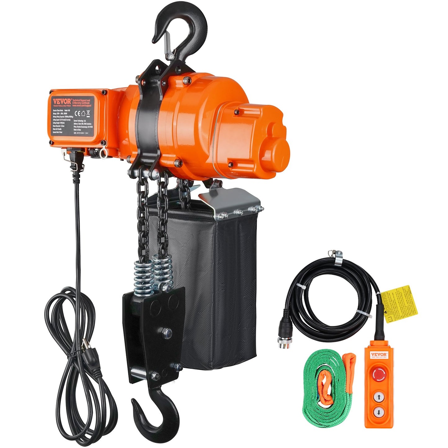 Electric Chain Hoist 2200 Lb Capacity, 10 Ft Lift, Single Phase, Orange