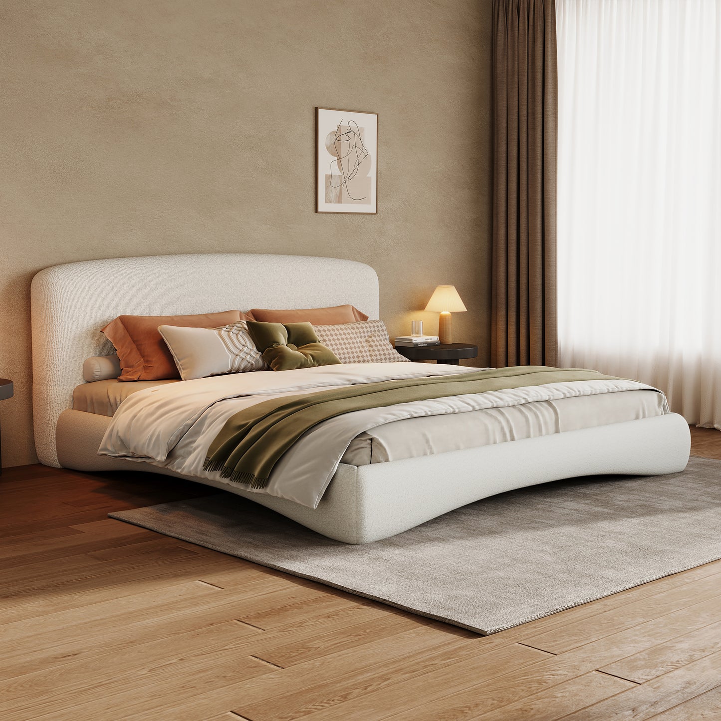 Curved Upholstered King Bed with Smart Ambient Lighting - Cream