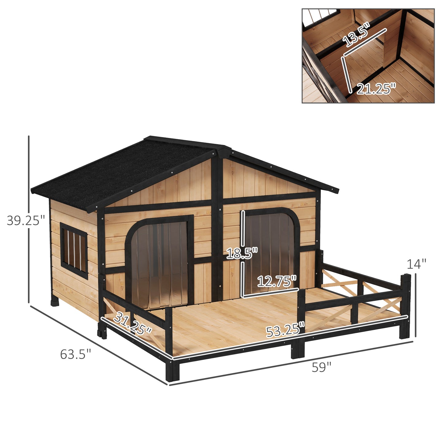 Large Wooden Dog House - Raised Weatherproof Rustic Log Cabin Style Pet Shelter
