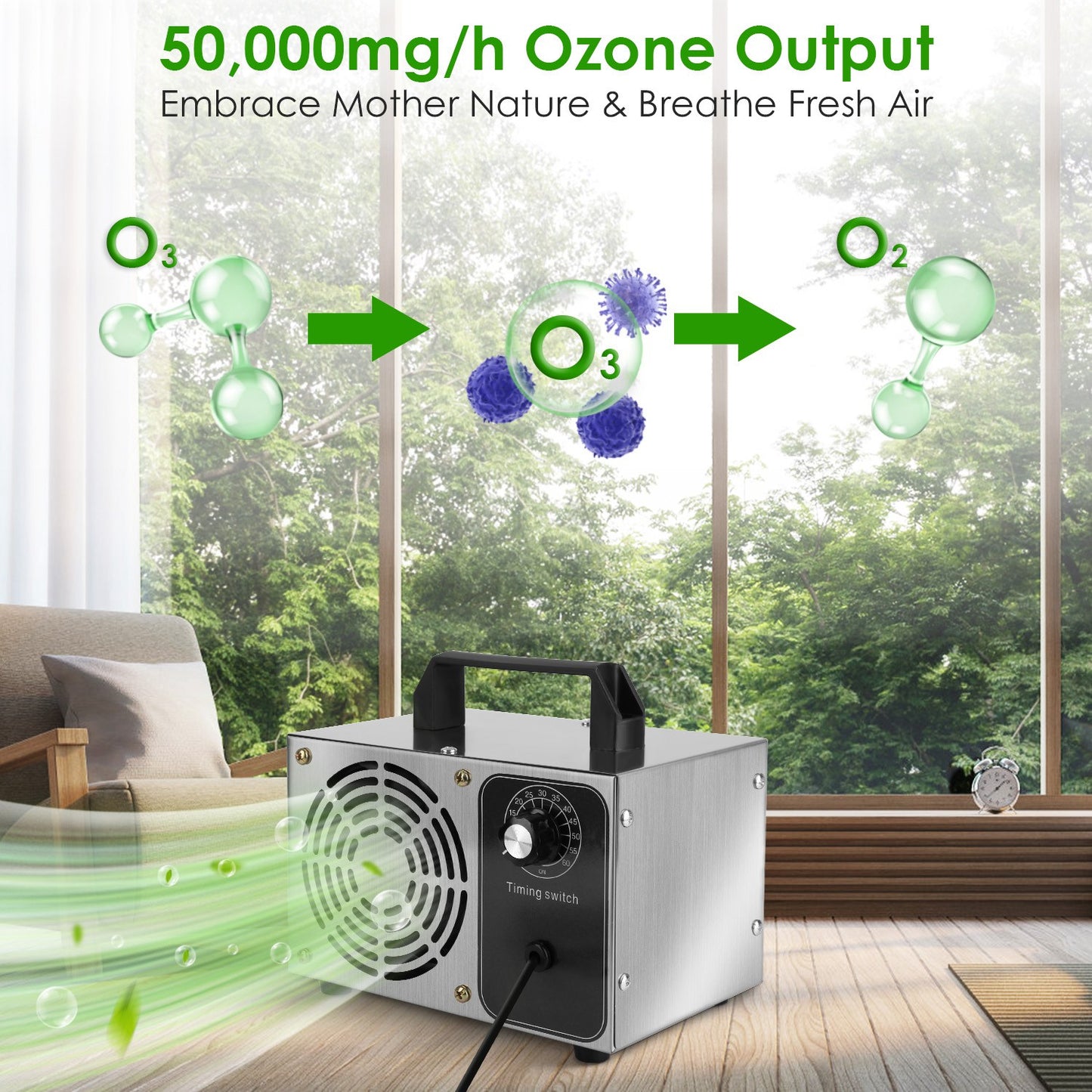 Ozone Generator Air Purifier Odor Eliminator for Large Rooms - 50,000mg/h, Timer, Silver