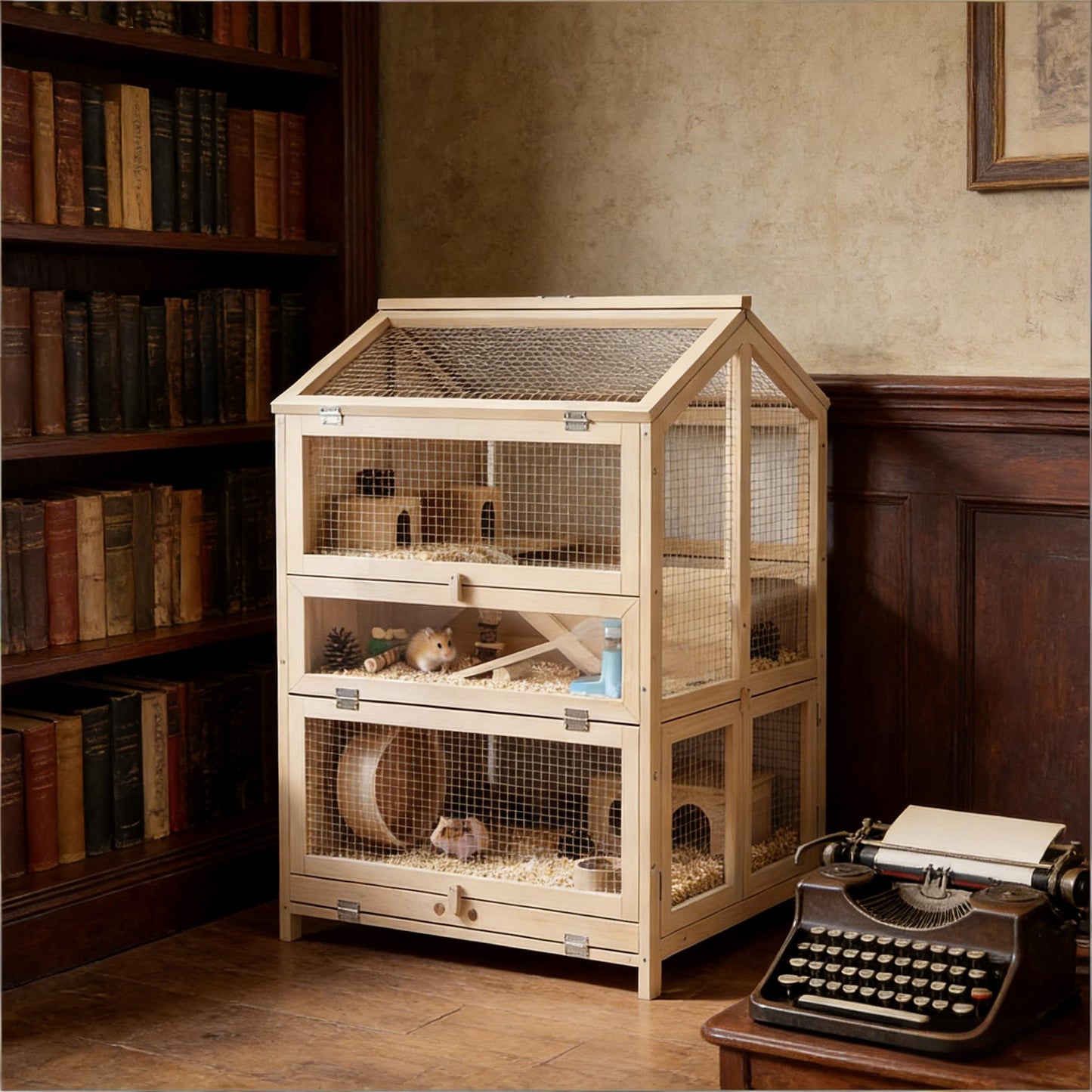 3-Tier Hamster Cage - Wooden Small Animal Habitat with Clear Panels