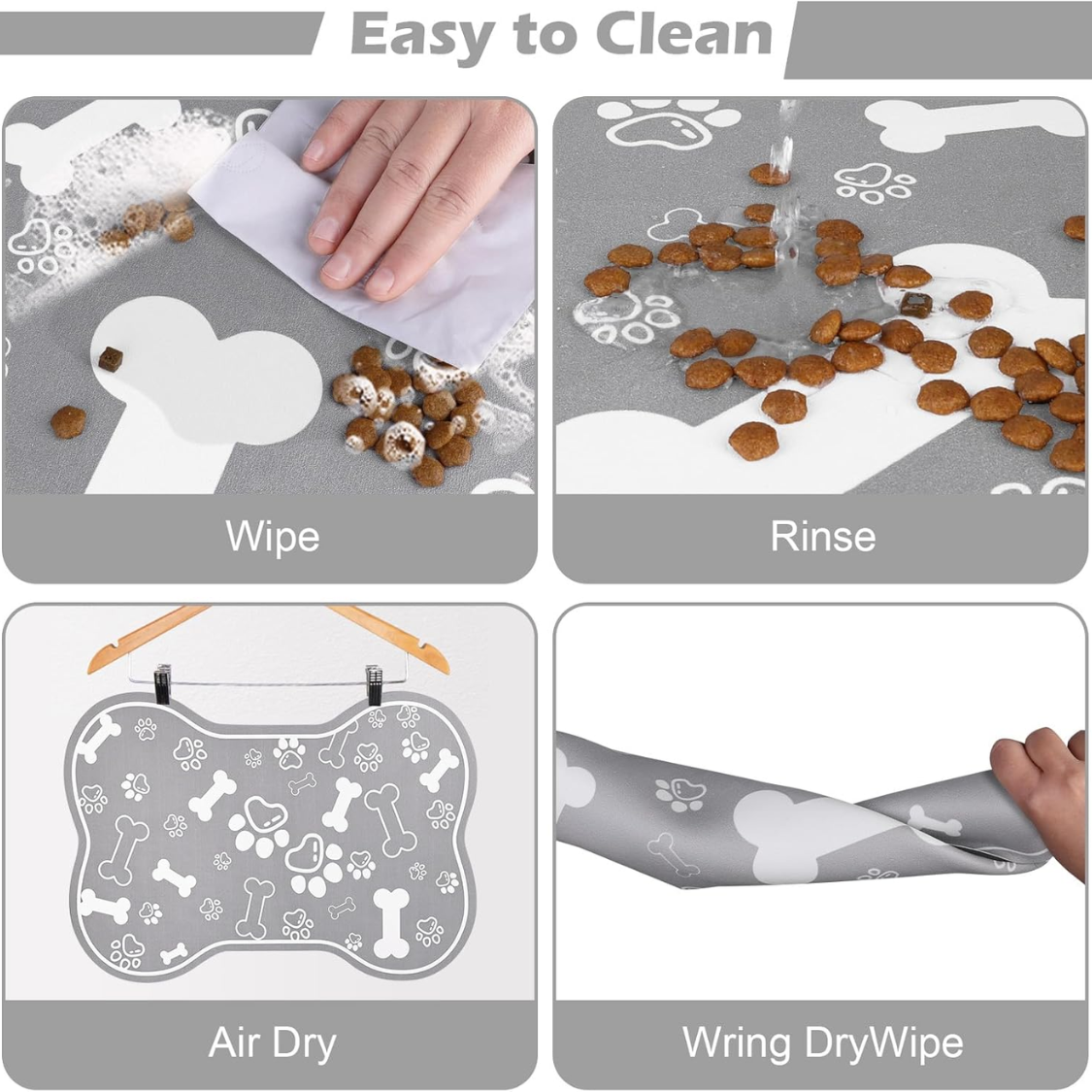 Pet Feeding Mat with Non-Slip Rubber Backing, Super Absorbent Dog & Cat Water Bowl Pad - Grey