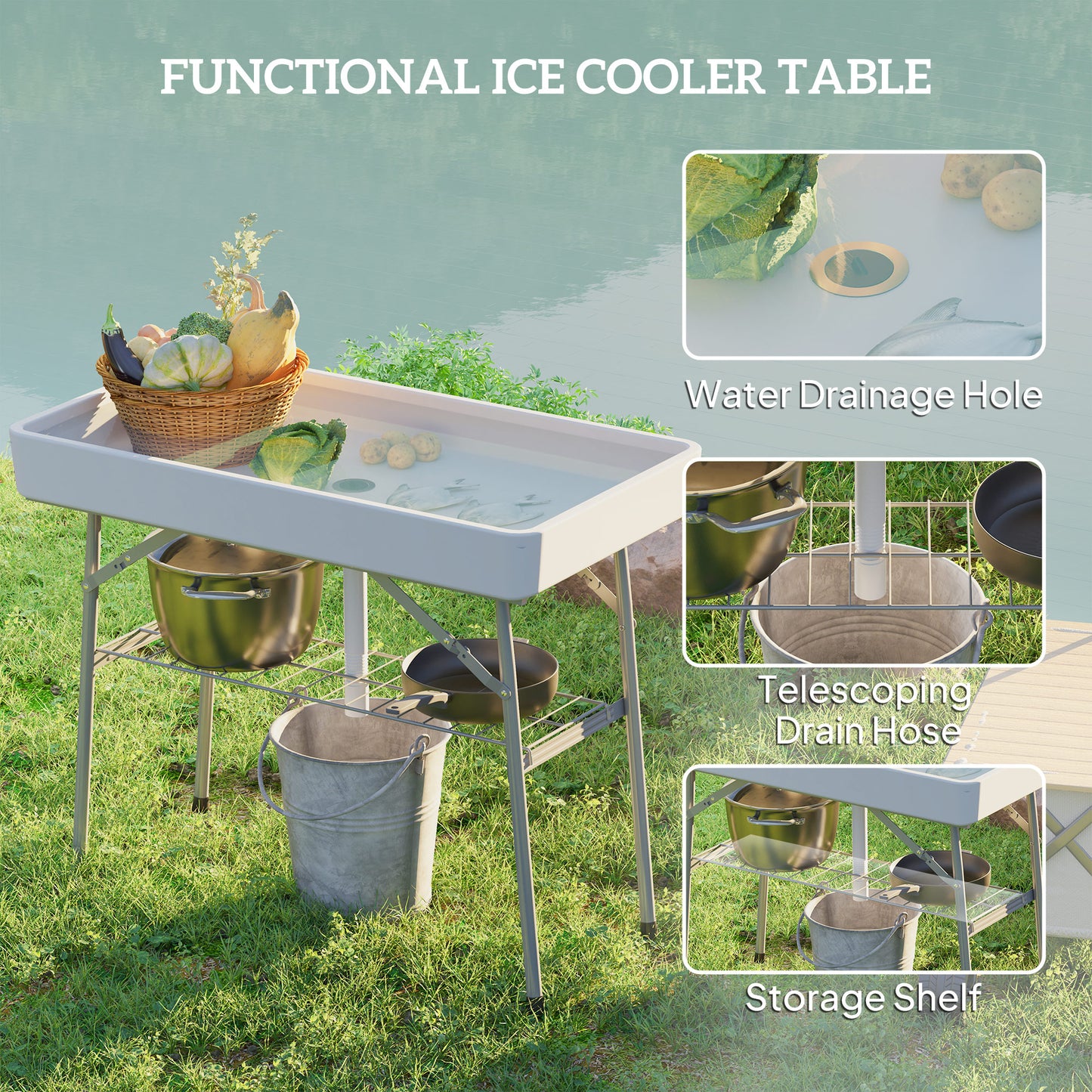 Folding Ice Cooler Table with Drain & Storage Shelf - White