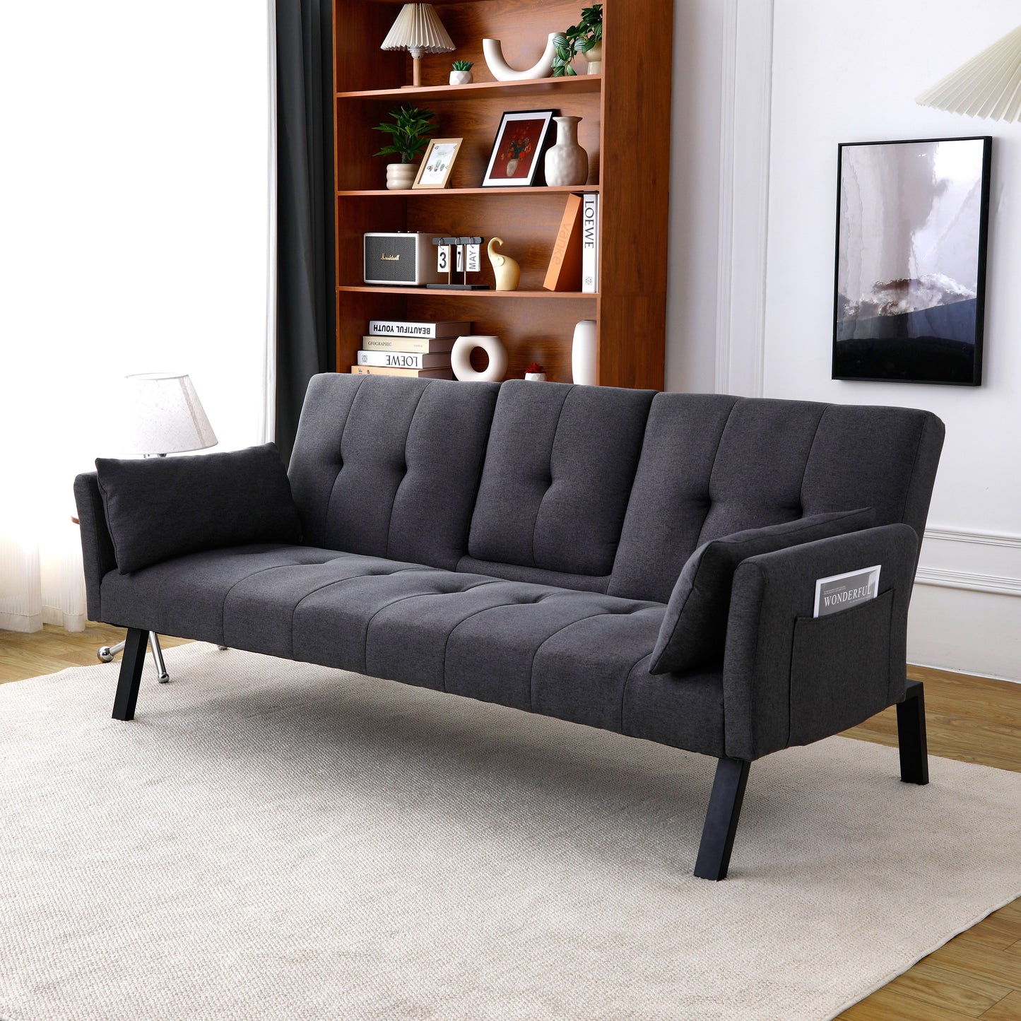 70-Inch Multi-Functional Cotton Linen Sofa Bed with Cup Holder - Dark Grey
