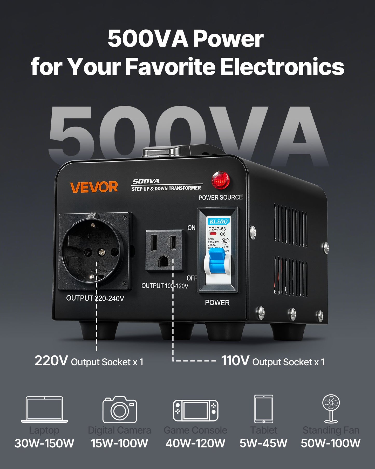 500VA Voltage Converter Transformer Step Up Down 110V to 220V 220V to 110V Black
