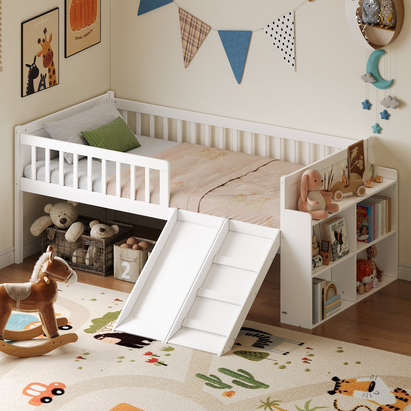 Twin Bed Frame With Storage Shelf, Wooden Slide And Ladder,Platform